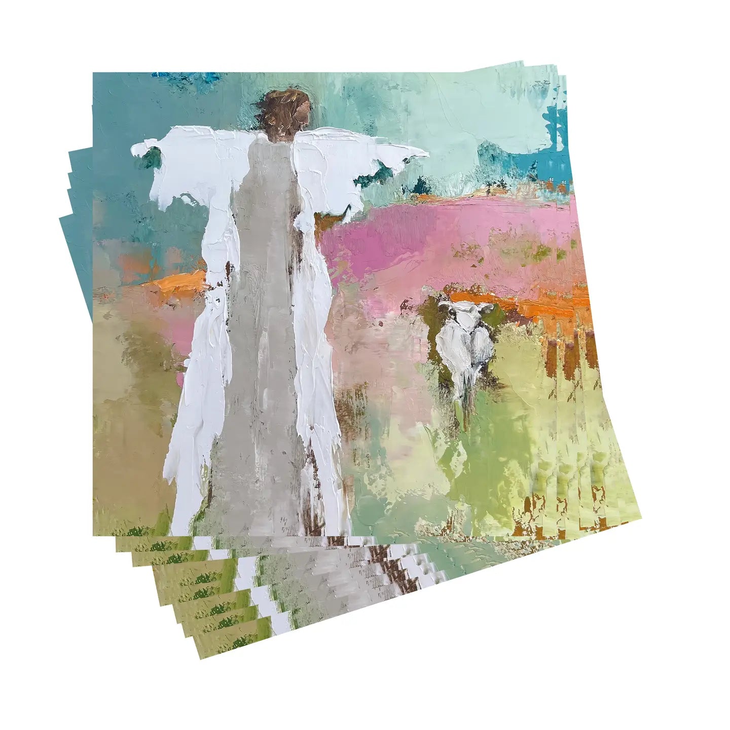 Stack of cocktail napkins with artistic design of an angel on a white background