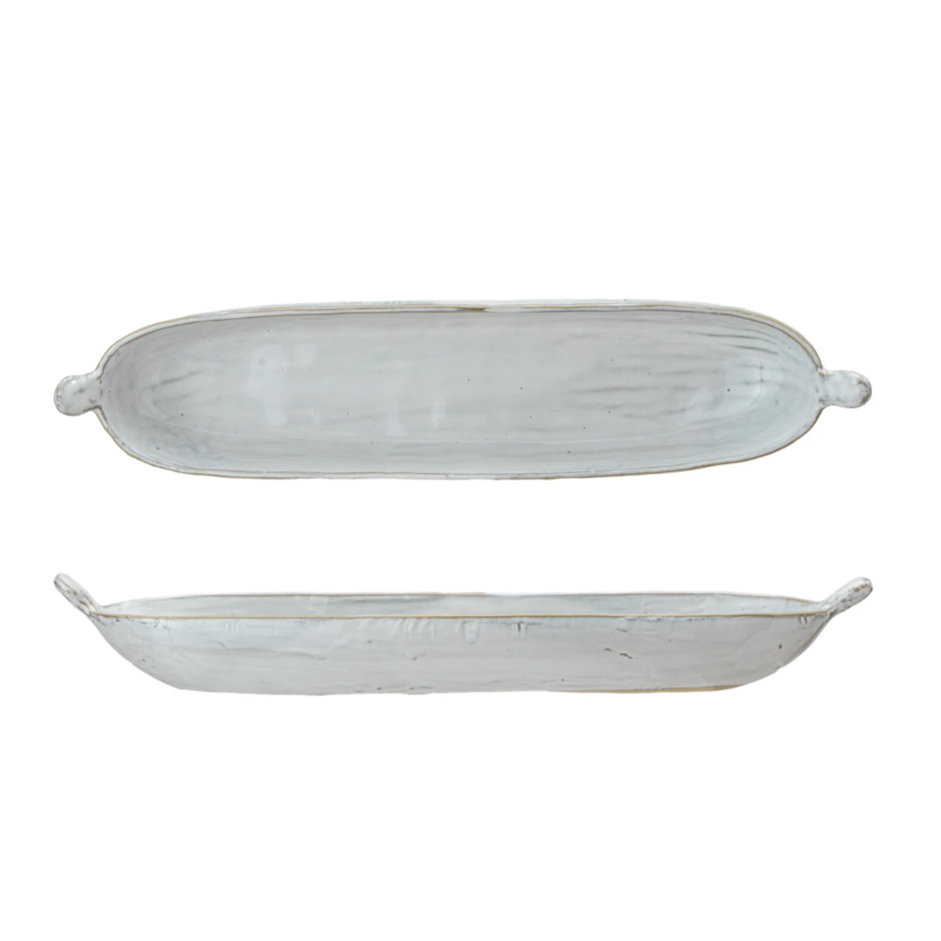 oval stoneware dish w/ Handles, Reactive Glaze, White