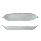 oval stoneware dish w/ Handles, Reactive Glaze, White