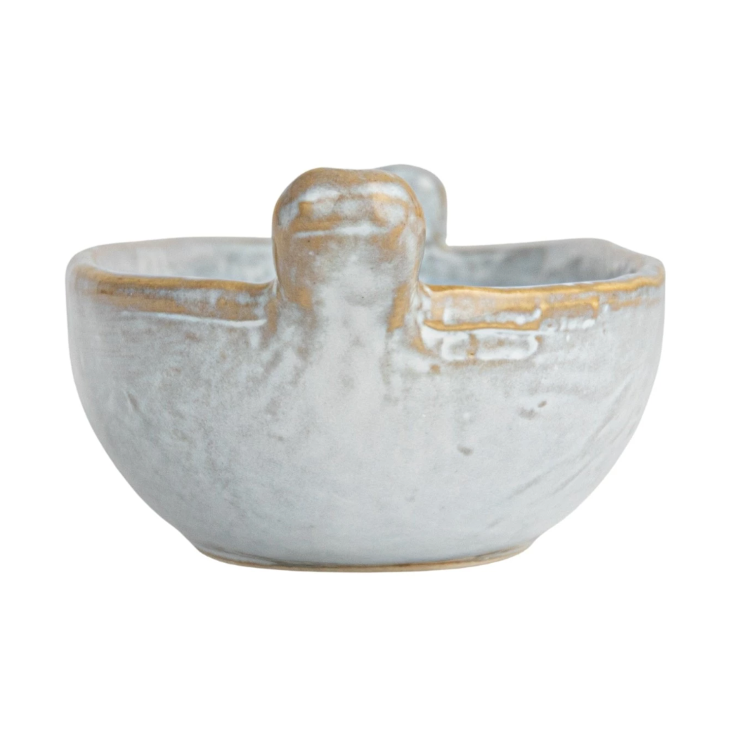 oval stoneware dish w/ Handles, Reactive Glaze, White