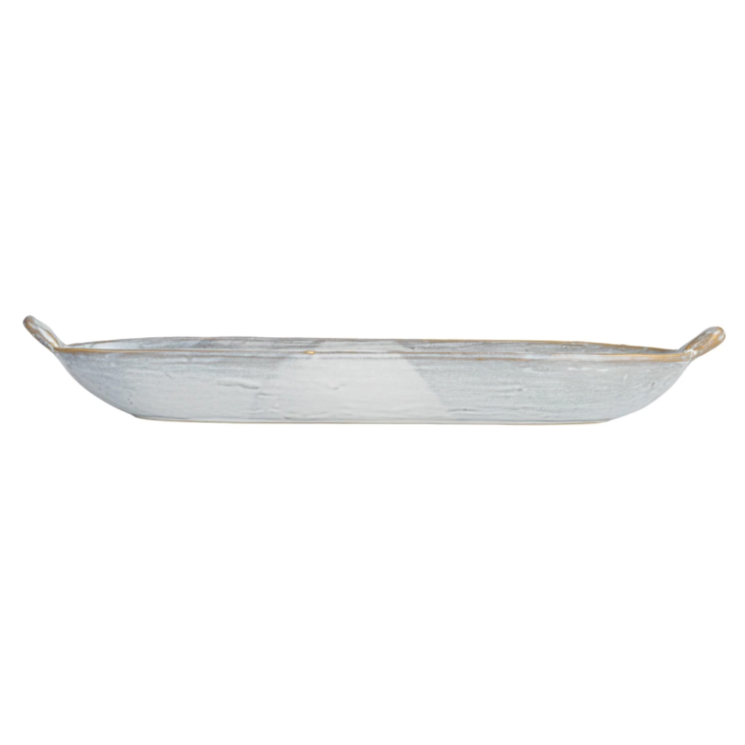 oval stoneware dish w/ Handles, Reactive Glaze, White