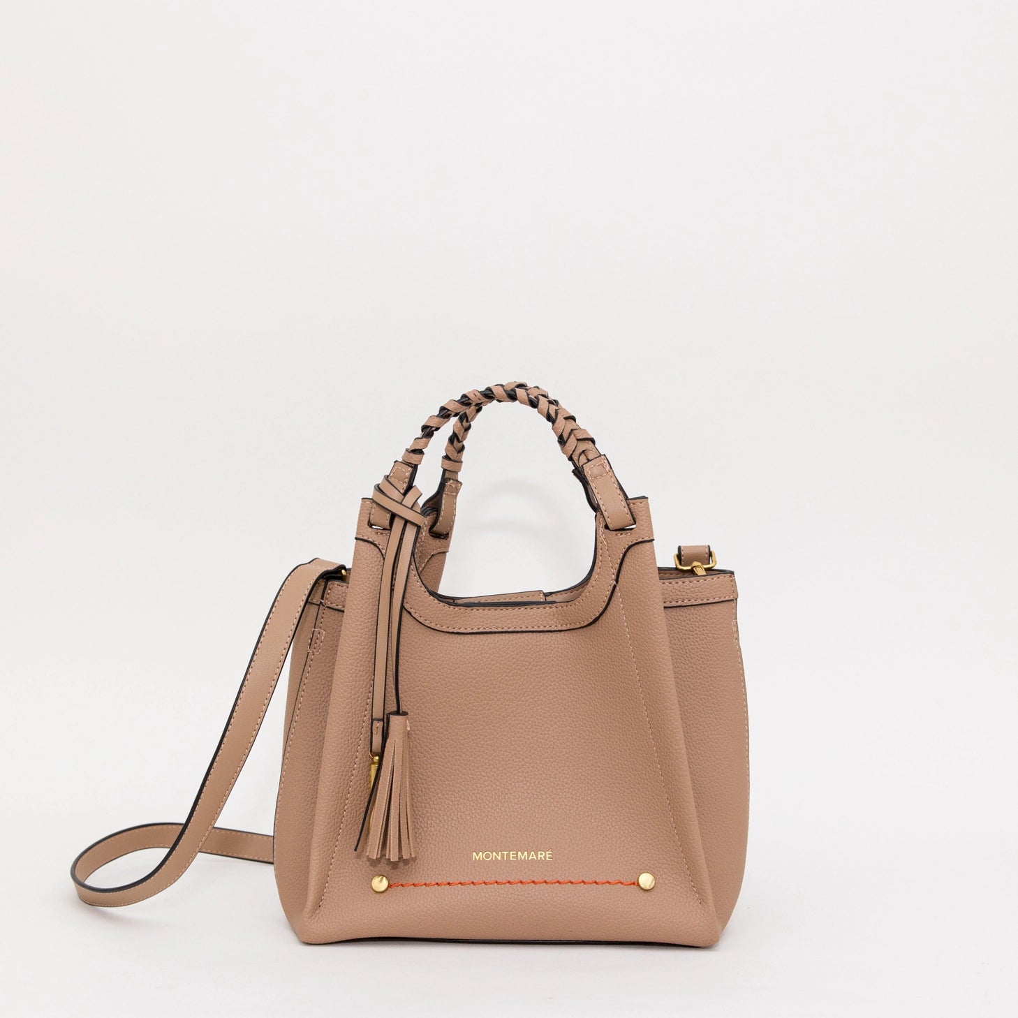 Montemare Sedona Crossbody in Latte with a strap on a light gray background