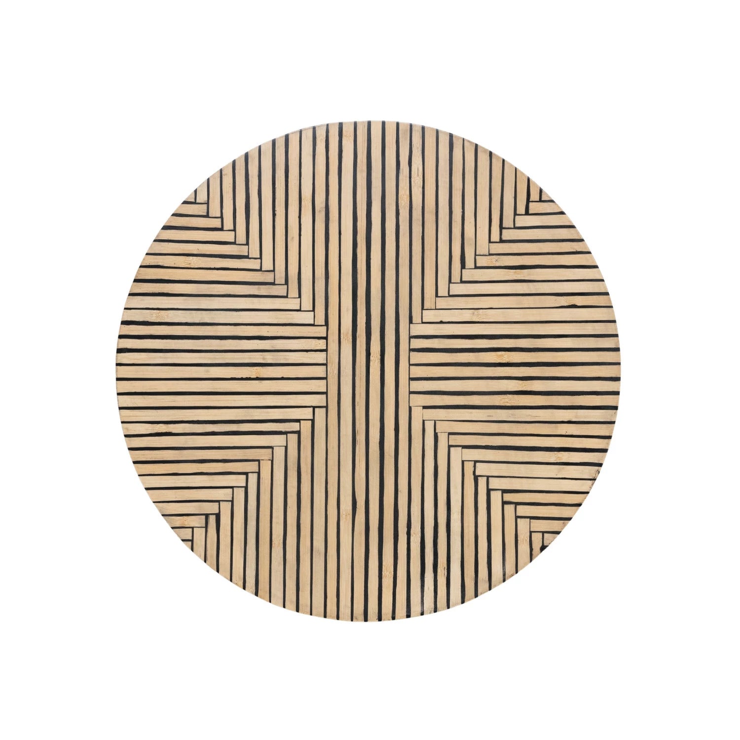 Round wooden lazy susan with a geometric pattern on a white background