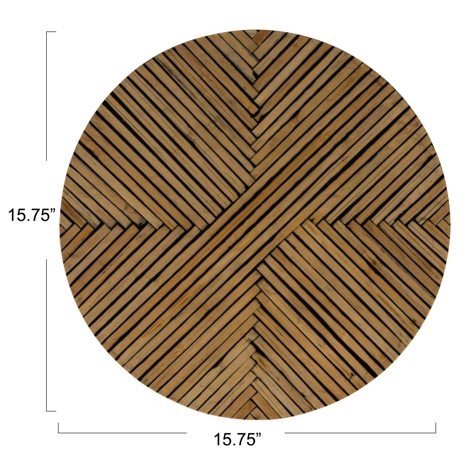 Round wooden lazy susan with herringbone pattern and dimensions on a white background