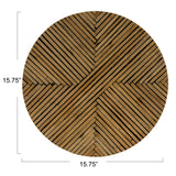 Round wooden lazy susan with herringbone pattern and dimensions on a white background