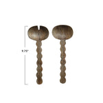 Two wooden spoons with twisted handles on a white background, showing measurement of 9.75 inches.
