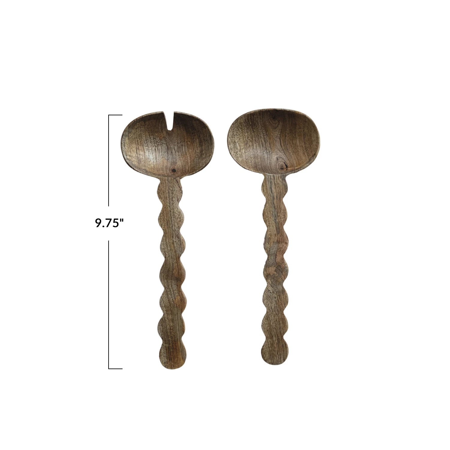 Two wooden spoons with twisted handles on a white background, showing measurement of 9.75 inches.