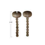 Two wooden spoons with twisted handles on a white background, showing measurement of 9.75 inches.
