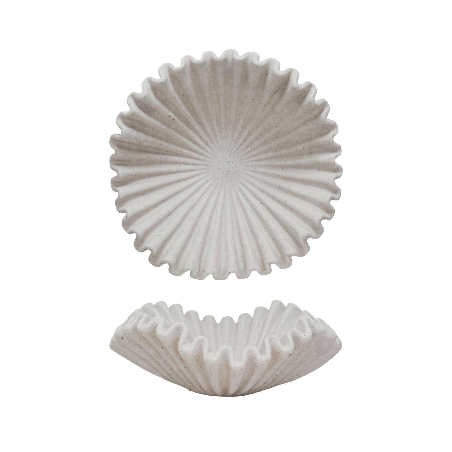 Two white ceramic coasters with textured designs on a white background