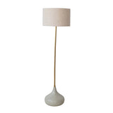 modern floor lamp with grey enameled base, gold stem, and neutral colored drum shade