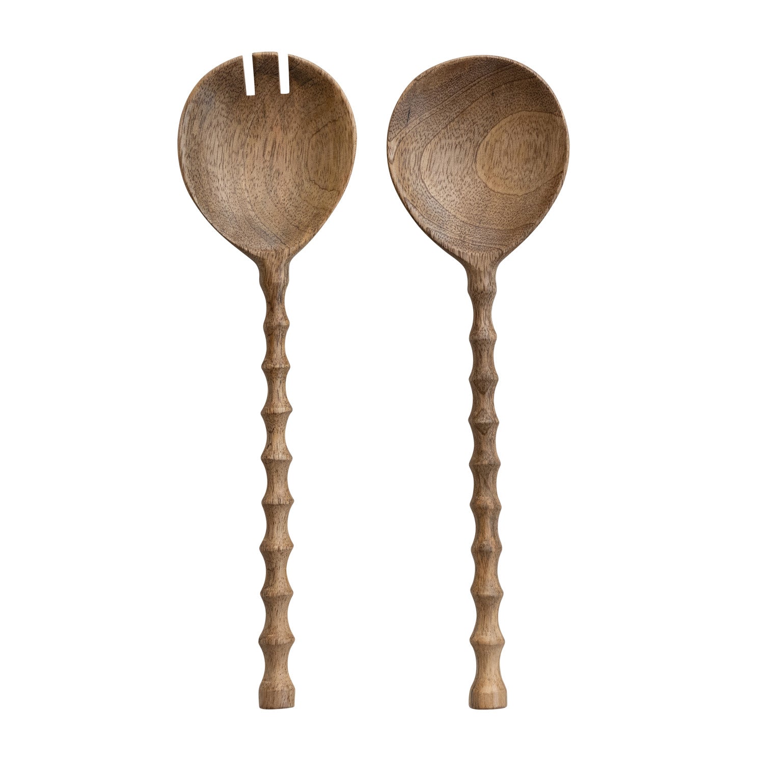 Two wooden salad servers with long handles on a white background