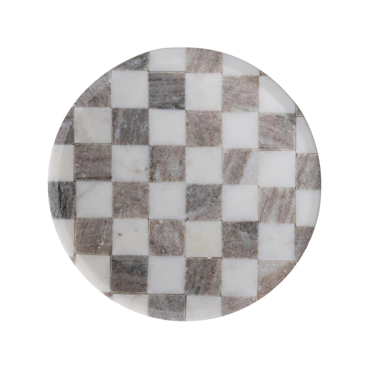 Round marble tray with a checkered pattern on a white background