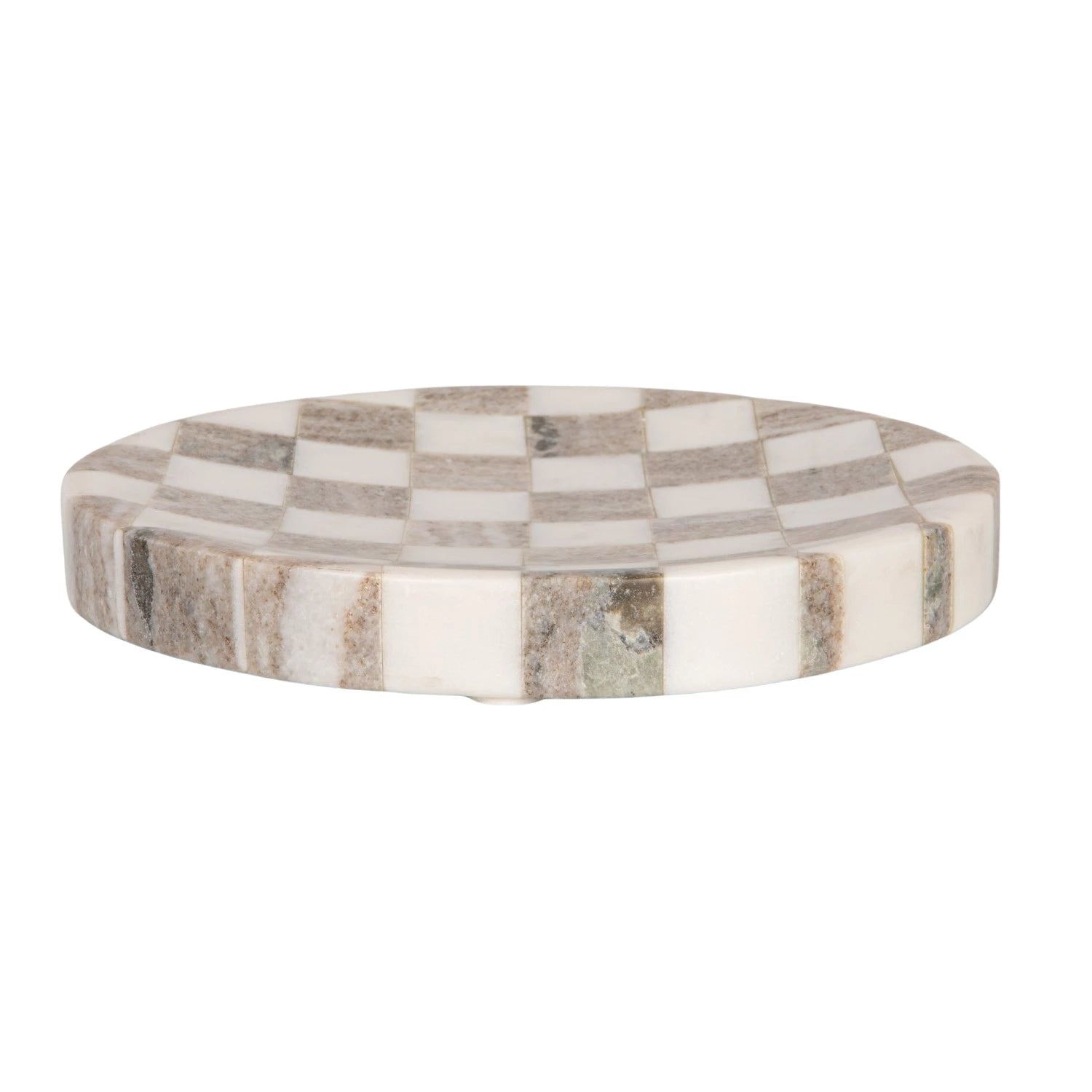 Round marble tray with checkered pattern on a white background