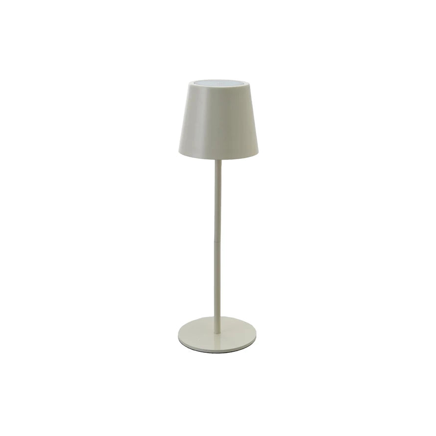 cordless rechargeable White table lamp with a cylindrical shade on a white background