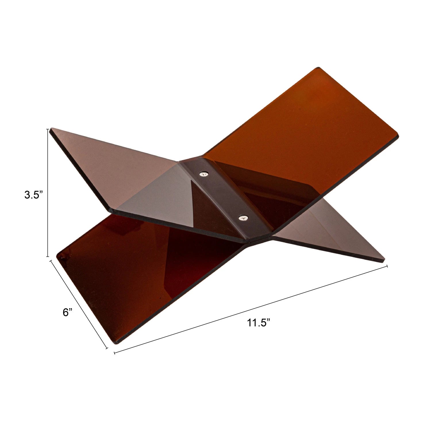Brown acrylic book holder with dimensions labeled on a white background