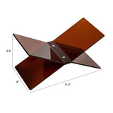 Brown acrylic book holder with dimensions labeled on a white background