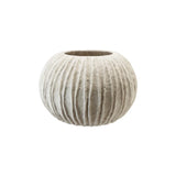 textured round white vase with ribbed design on white background
