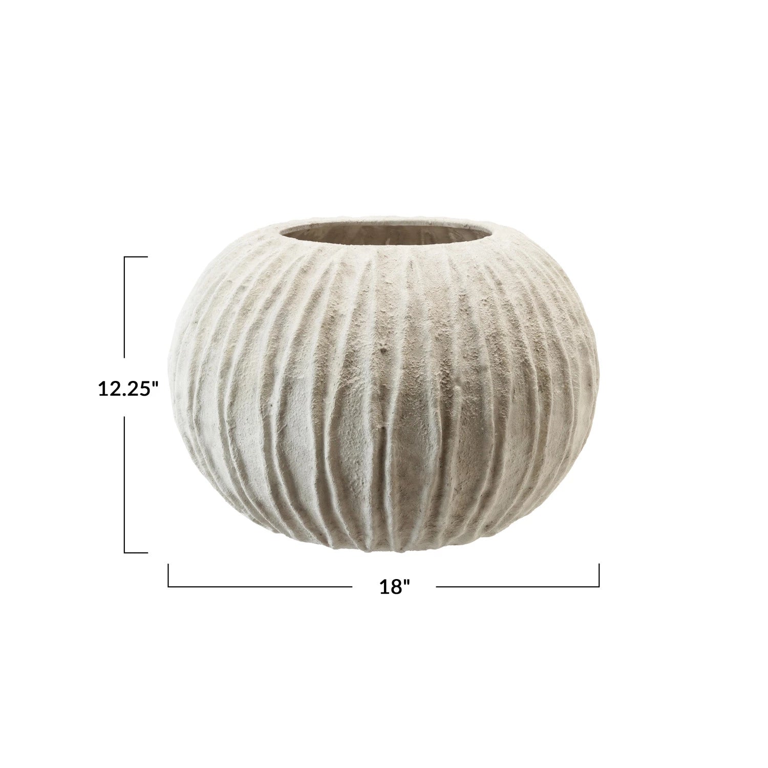 measurements of textured round white vase with ribbed design on white background