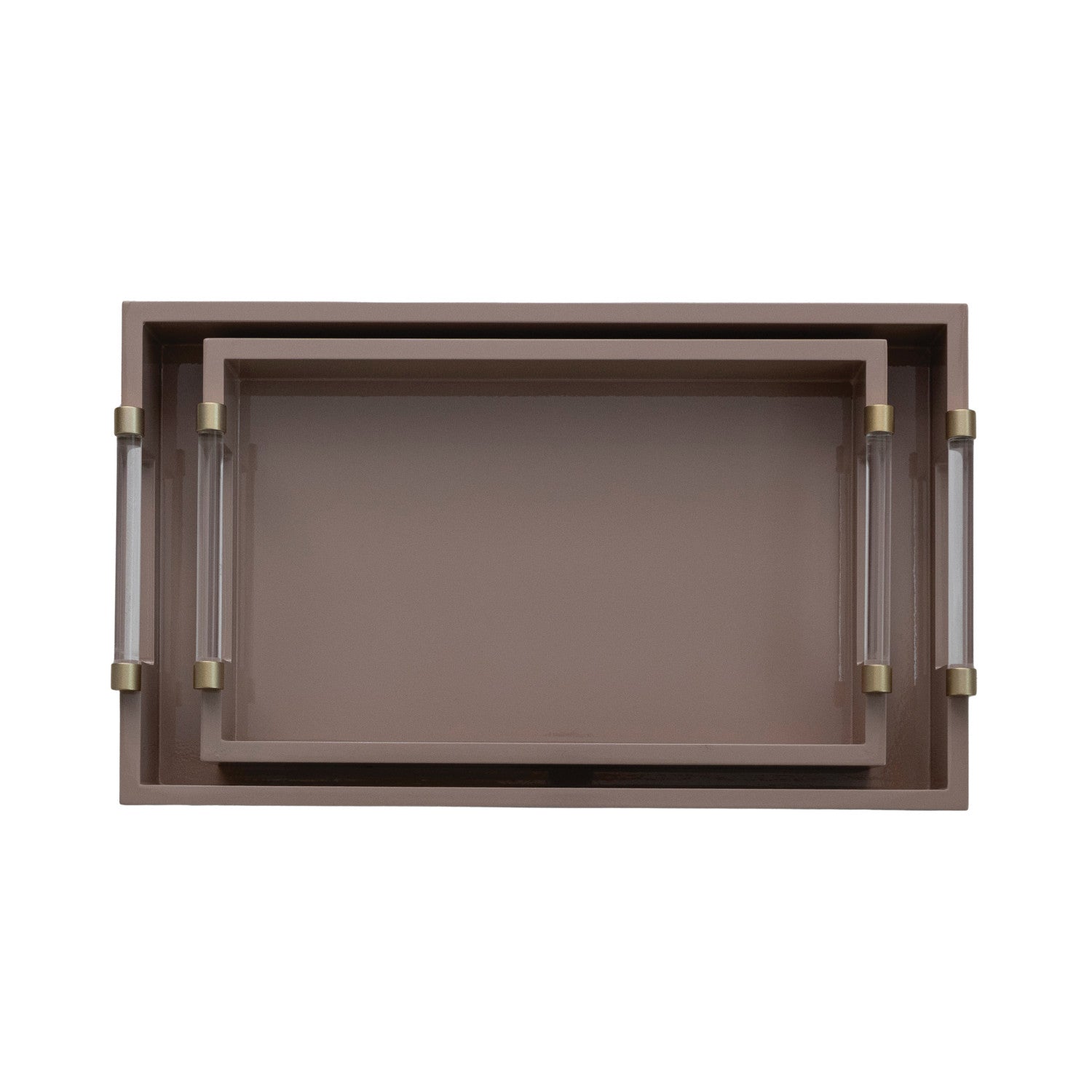 A rectangular tray with a warm taupe-brown finish and two clear acrylic handles with brass-colored end caps, shown against a plain white background.