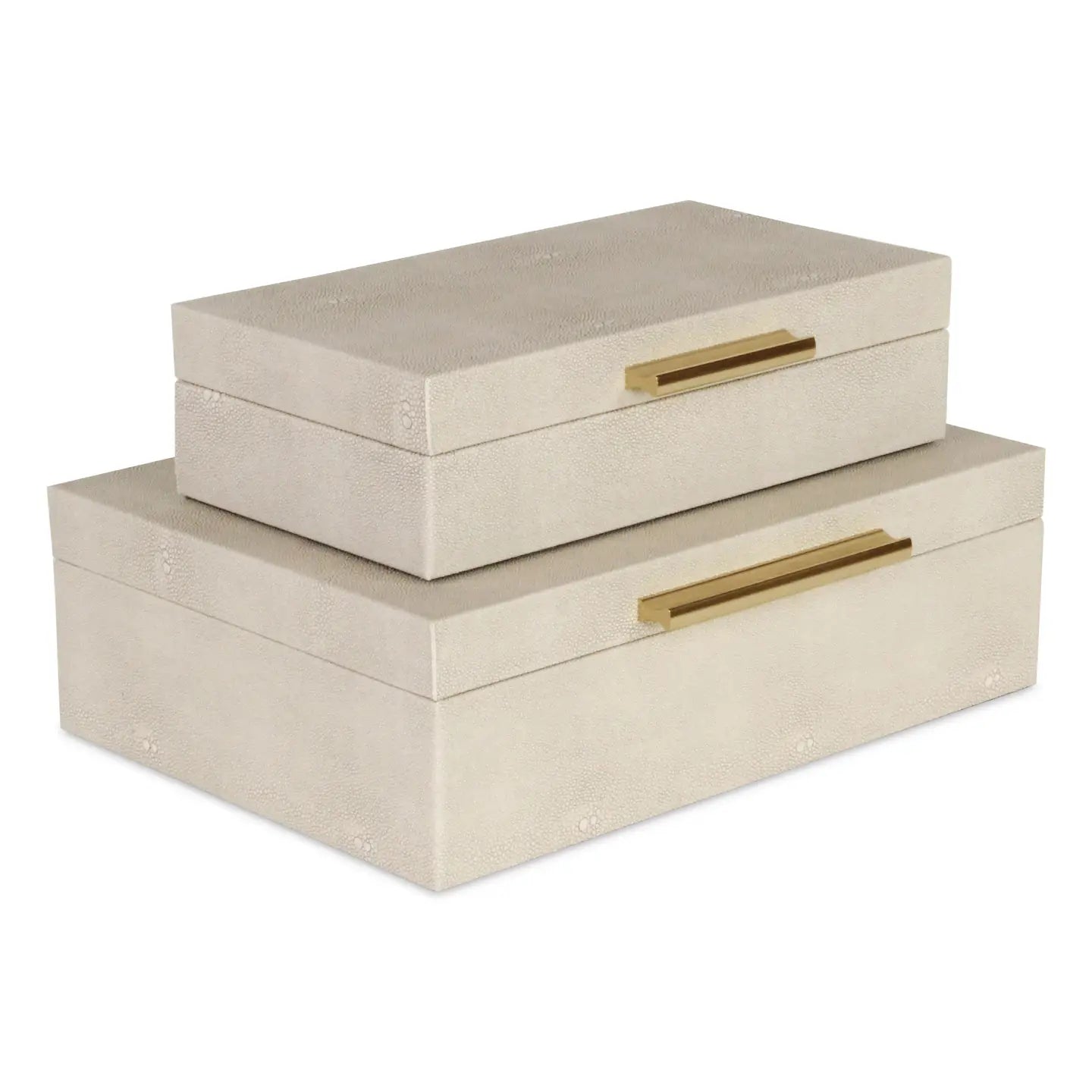 Two beige jewelry boxes with gold handles on a white background