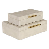 Two beige jewelry boxes with gold handles on a white background