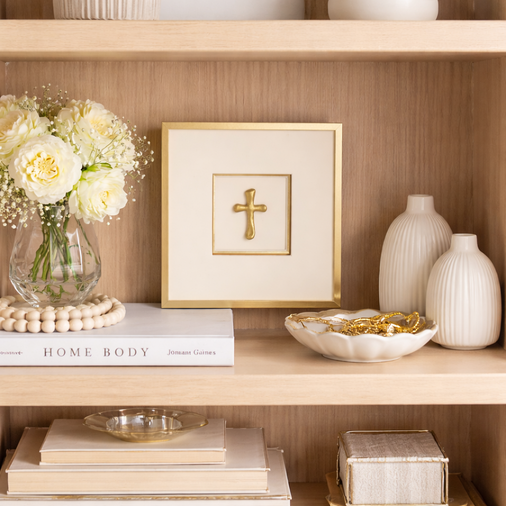Decorative shelf with books, vases, a cross frame, and flowers.