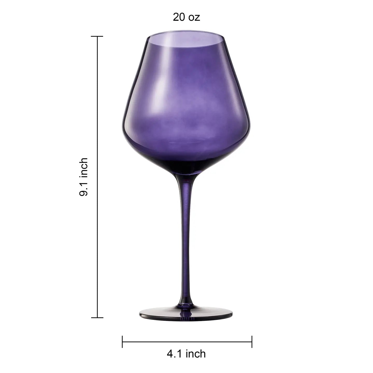 Purple wine glass with measurements on a white background