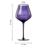 Purple wine glass with measurements on a white background