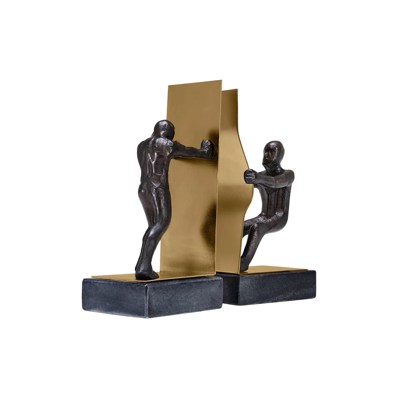 Rodari Bookends showing two figures pushing and pulling on white background