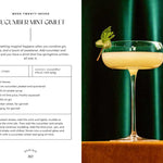 Cucumber Mint Gimlet cocktail recipe with a glass of the cocktail on a green background