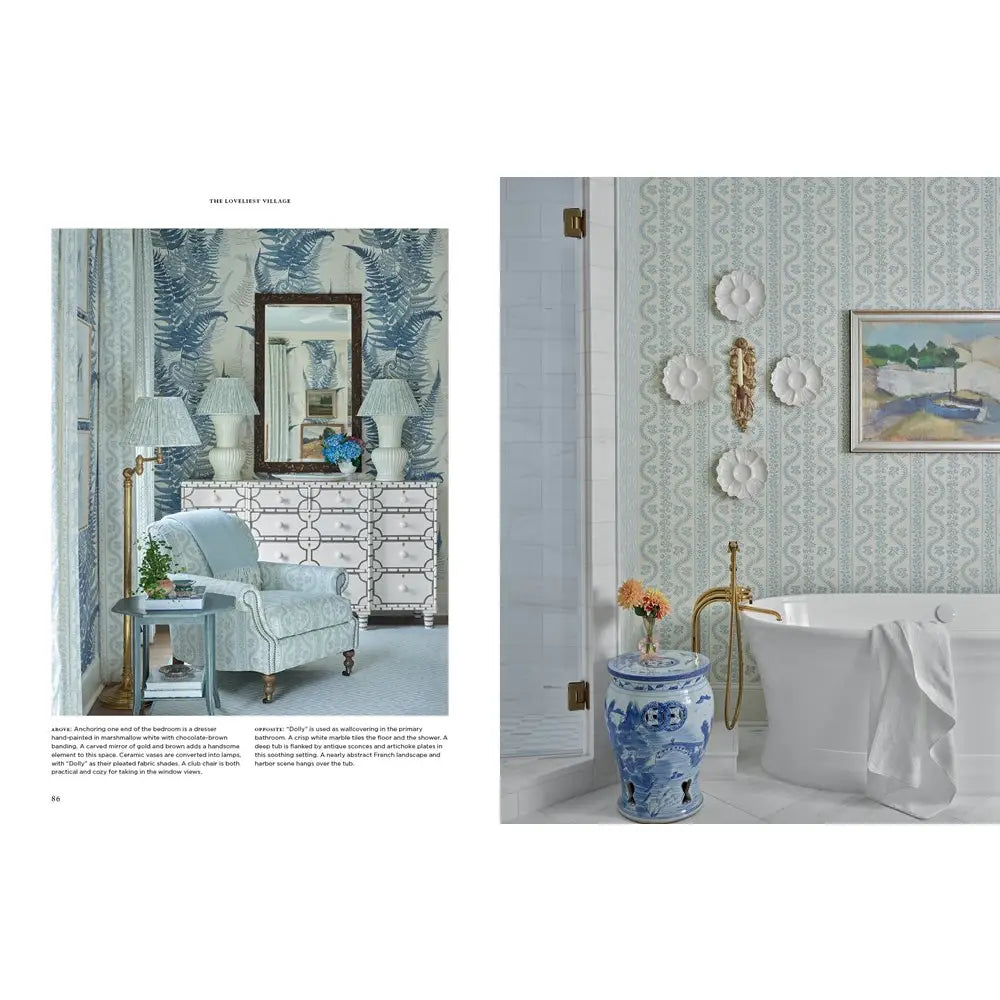 Two interior design images: one with a light blue armchair and patterned wallpaper, the other with a bathroom featuring a bathtub and decorative wall elements.