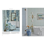 Two interior design images: one with a light blue armchair and patterned wallpaper, the other with a bathroom featuring a bathtub and decorative wall elements.