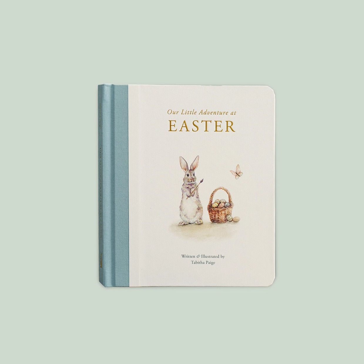 Children's book titled 'Our Little Adventure at Easter' with a rabbit illustration on a light green background