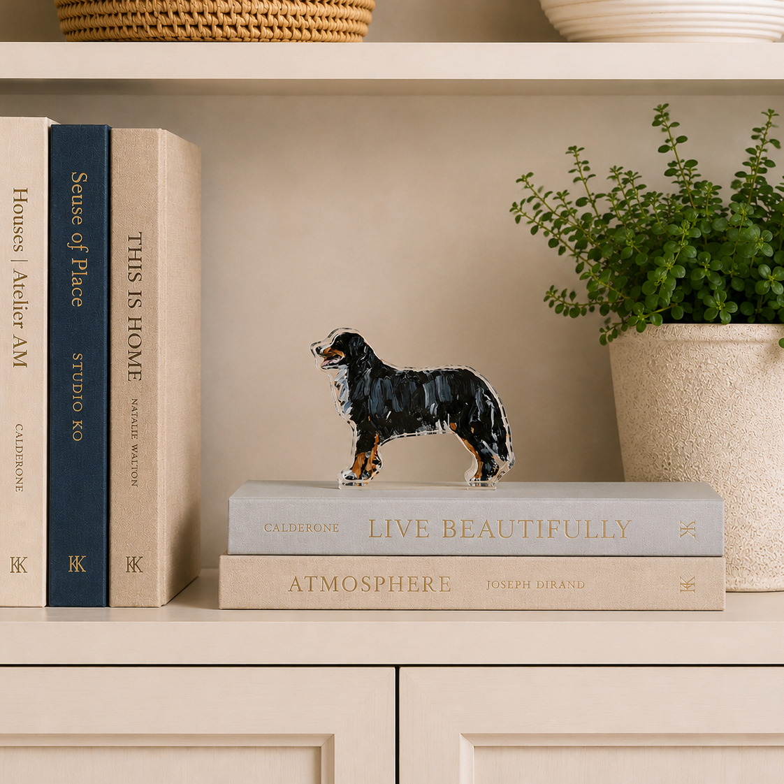 Decorative shelf with books, a dog figurine, and a plant.