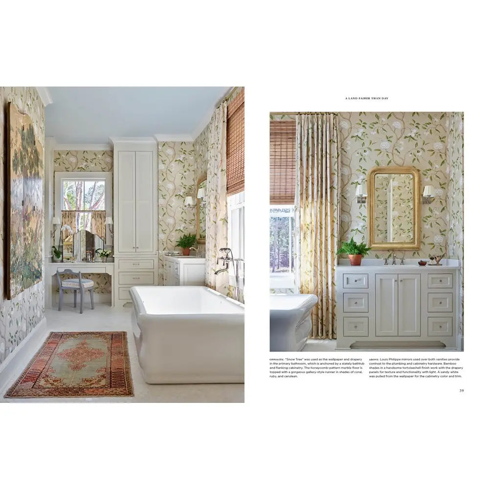 Bathroom interior with a freestanding bathtub, vanity, and decorative elements.
