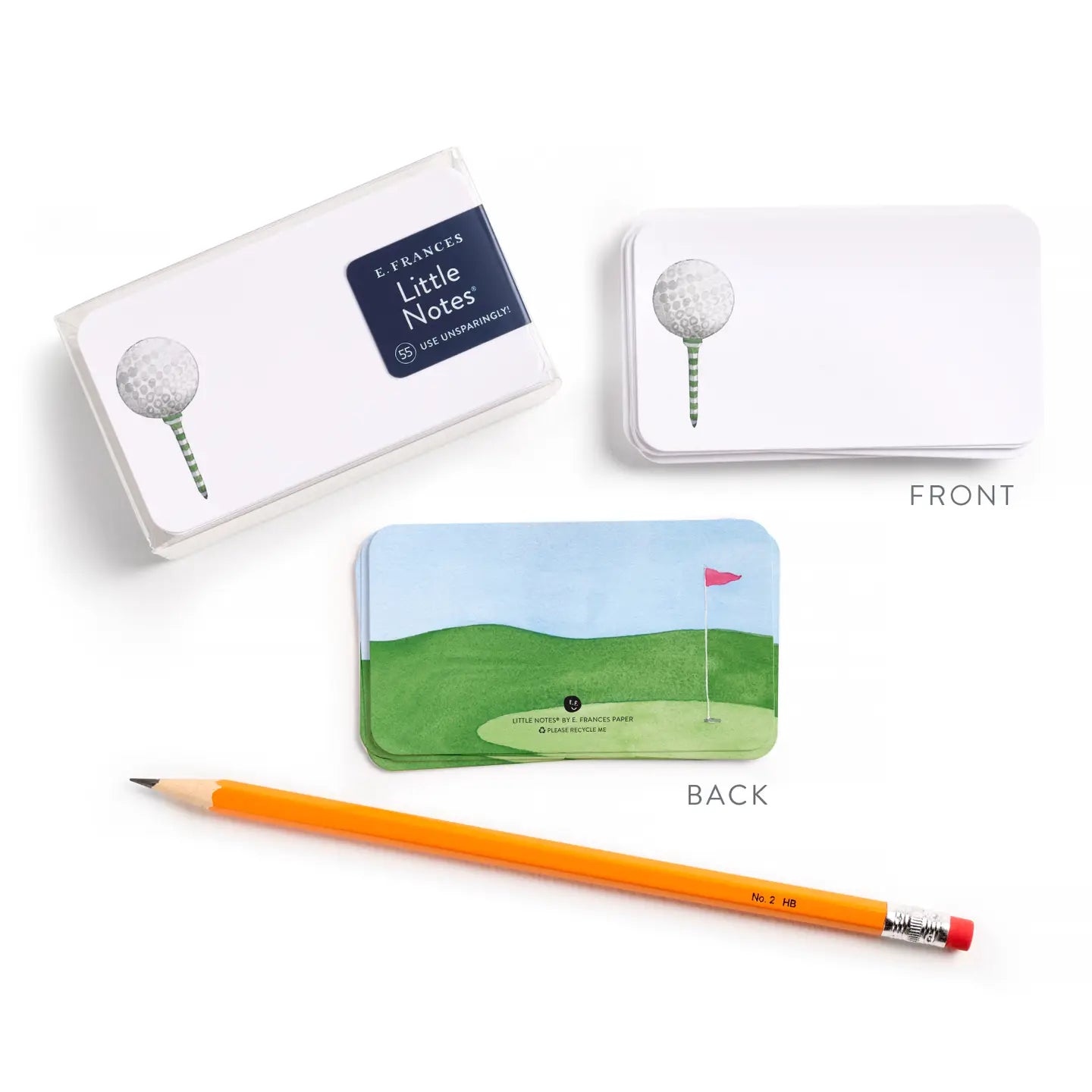 Golf-themed little notes with a pencil on a white background