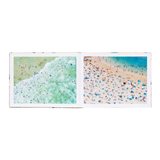 Two beach scenes in a collage format on a white background