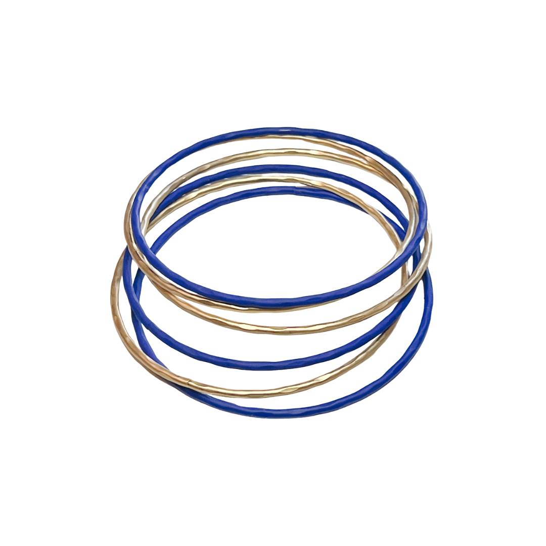 bangle stack bracelet, three gold and three blue bangles