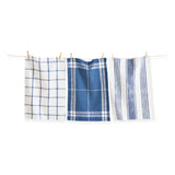 classic dishtowel set of three, three coordinating patterns, blue