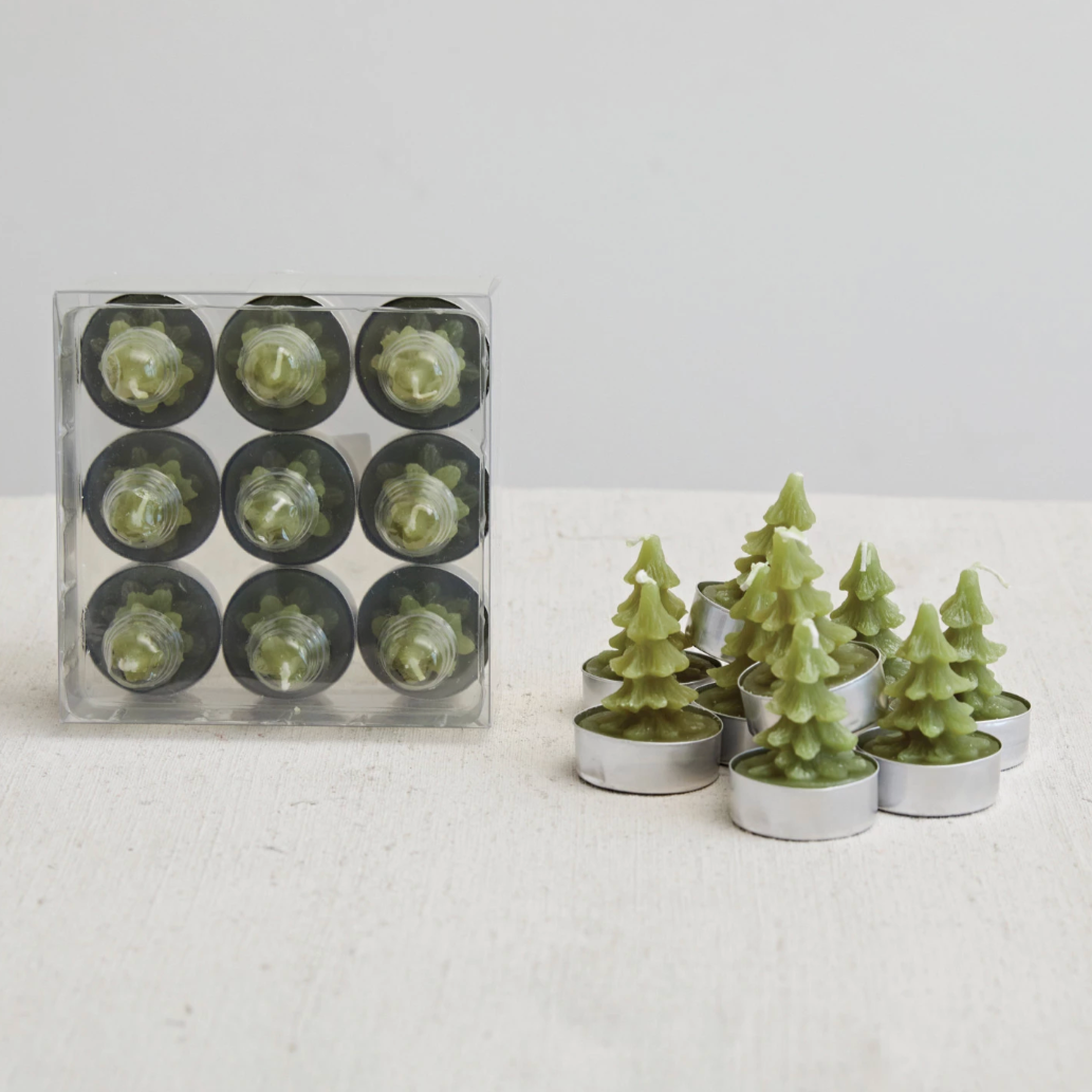 christmas tree tealights, set of nine, green