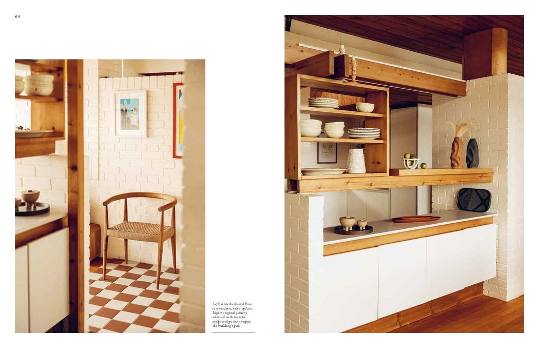 Modern kitchen with wooden shelves and white cabinets, featuring a chair and checkered floor.