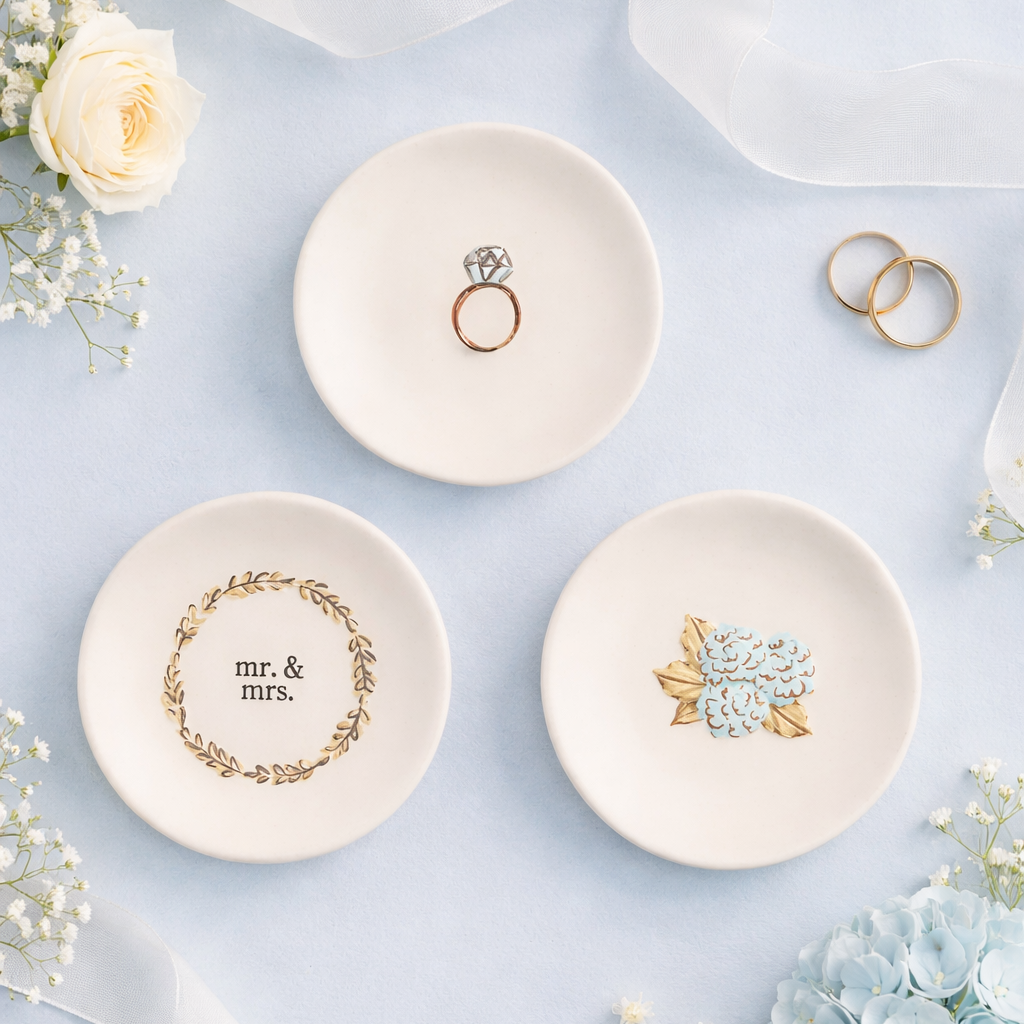 Three decorative ceramic dishes with engraved designs on a light blue background with flowers and ribbons.