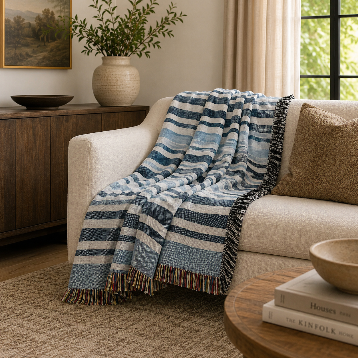 Blue and white striped blanket draped over a beige sofa in a living room setting.