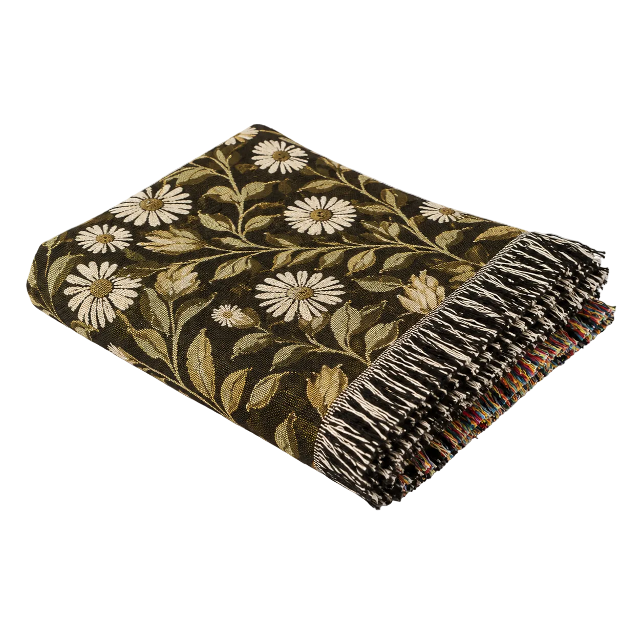Floral patterned throw blanket with fringes on a white background