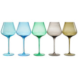Five colorful wine glasses of different shapes on a white background