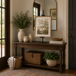 A styled entryway console table with a framed botanical art print on a black stand, surrounded by ceramic vases, a large green plant, woven baskets, a potted plant, books, and a throw blanket. The room features beige walls, a dark door, and a patterned rug.