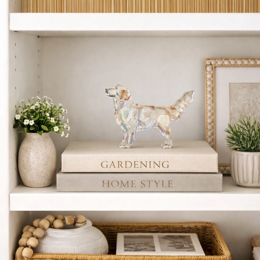 Decorative shelf with books, a figurine, and plants in a home setting