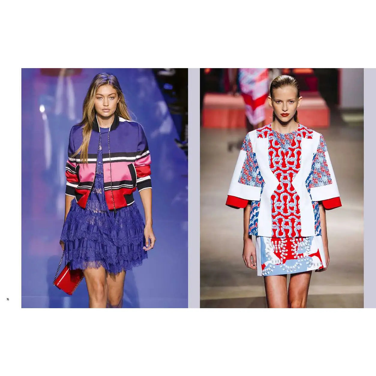 Two models on a runway wearing colorful outfits with geometric patterns.