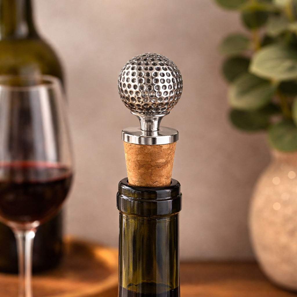 Wine bottle with a unique stopper resembling a golf ball on a wooden surface.