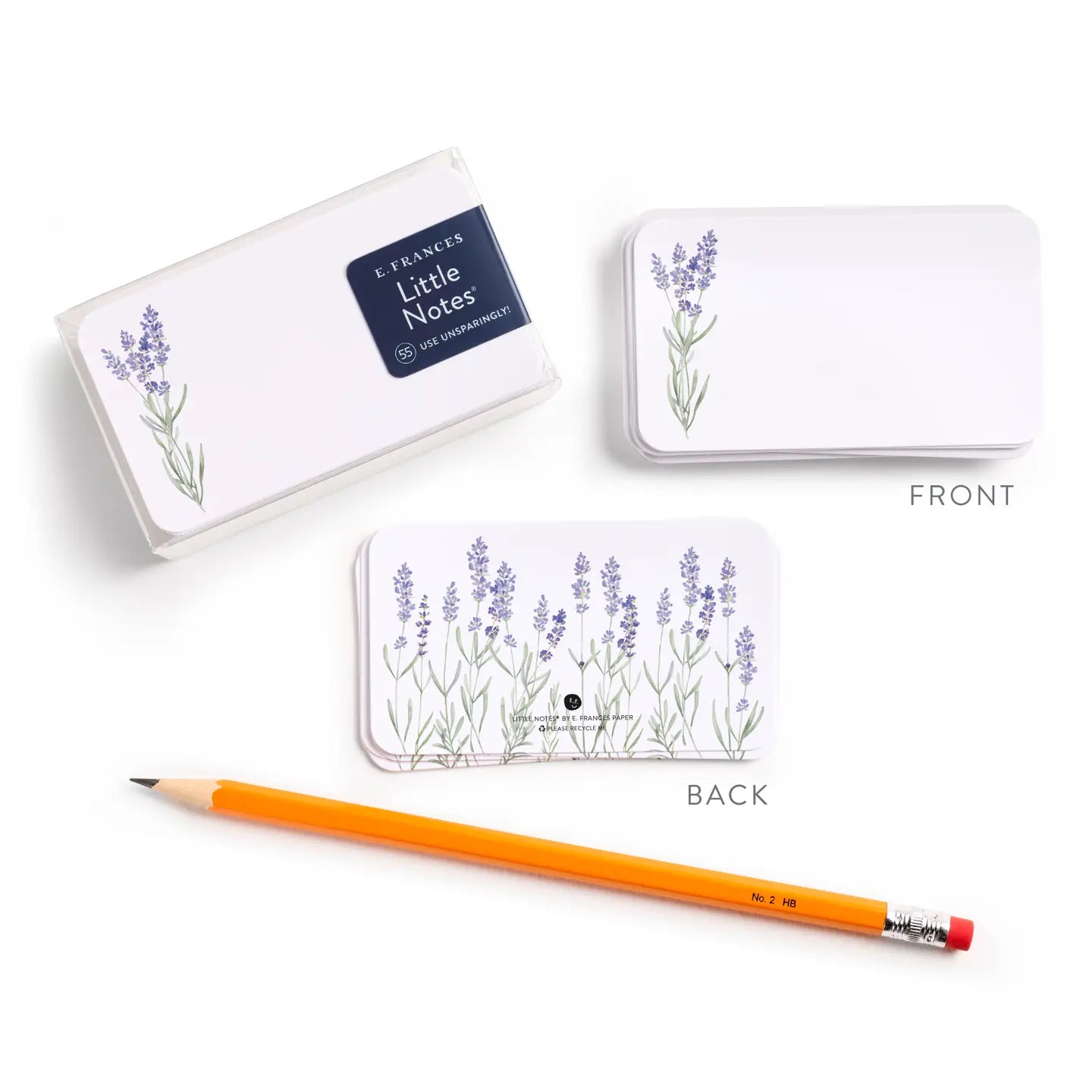 little notes with lavender design, pencil, and 'Little Notes' packaging on a white background